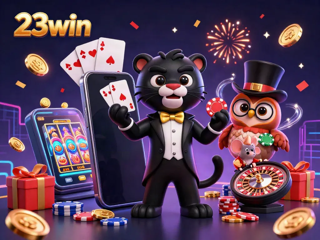 Experience vibrant gaming with 23win's cartoon panther, owl, and mouse celebrating gambling.