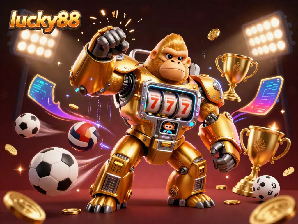 Experience the thrilling excitement of lucky88 with dynamic casino action featuring a golden mech and vibrant sports elements.