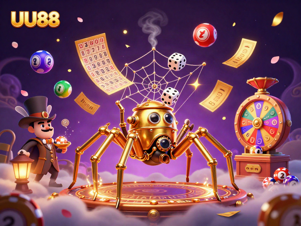 Engage with UU88's vibrant lottery scene featuring a whimsical golden spider and playful elements.