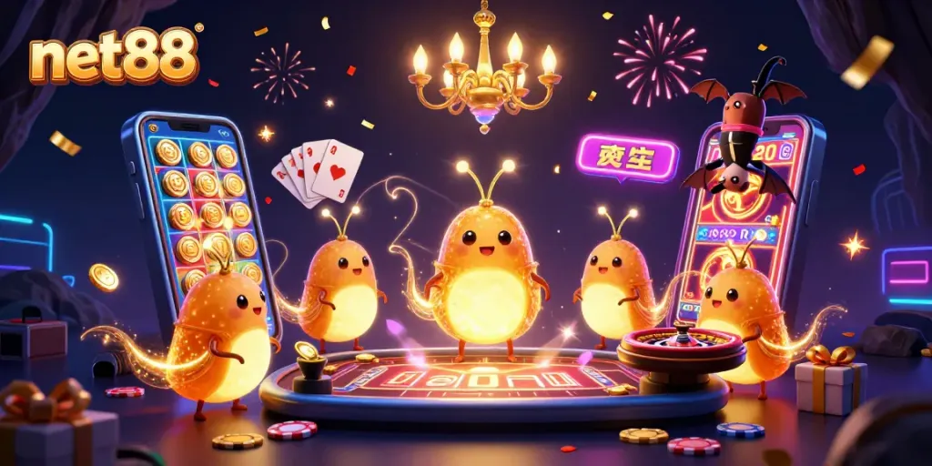 Experience net88's vibrant gaming atmosphere with lively glowworms lighting up a cave casino.
