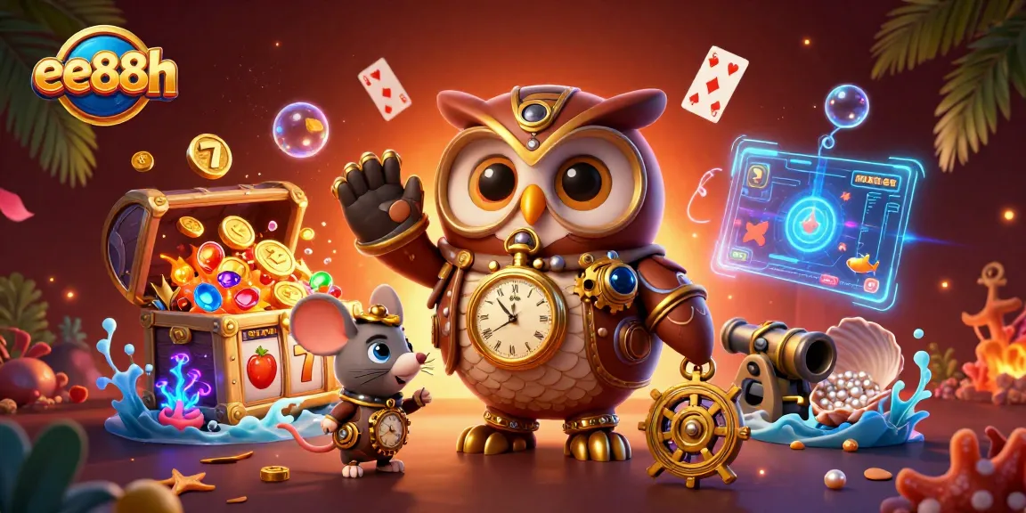 Play to win with ee88h at a vibrant online casino featuring steampunk characters and slot visuals.
