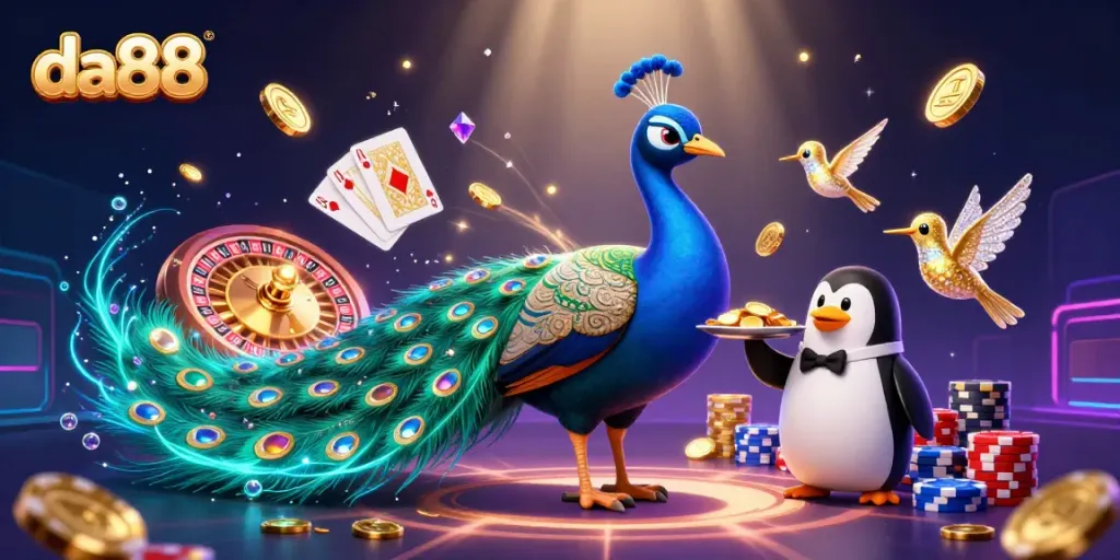Spin the 3D roulette wheel and win big with da88 as colorful coins and gems fly around.