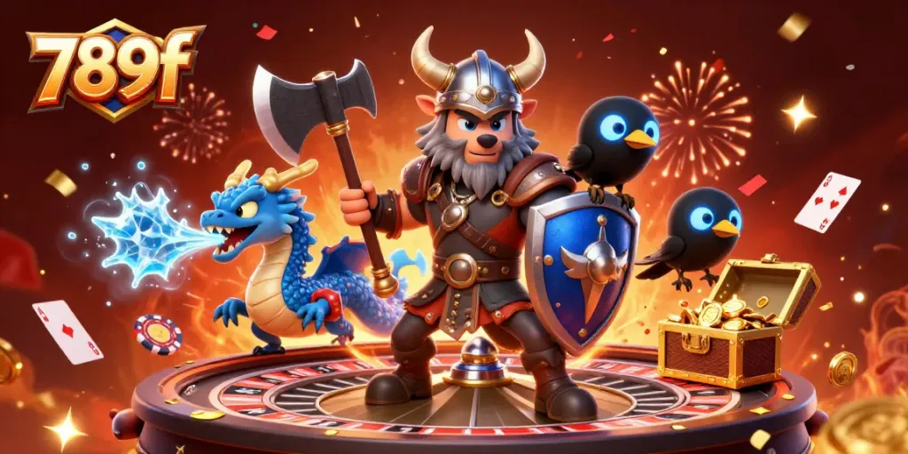 Engage in thrilling casino action at 789f with vibrant dragons, warriors, and poker chips!