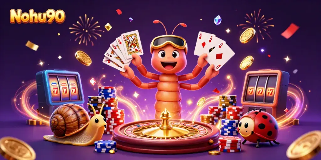 Experience the excitement of Nohu90 with vibrant casino characters, colorful poker chips, and exploding coins.