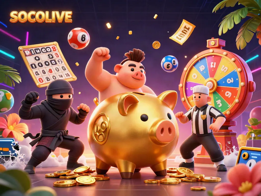 SOCOLIVE showcases stunning 3D illustration of golden piggy bank wrestler, dynamic casino elements for gamblers.