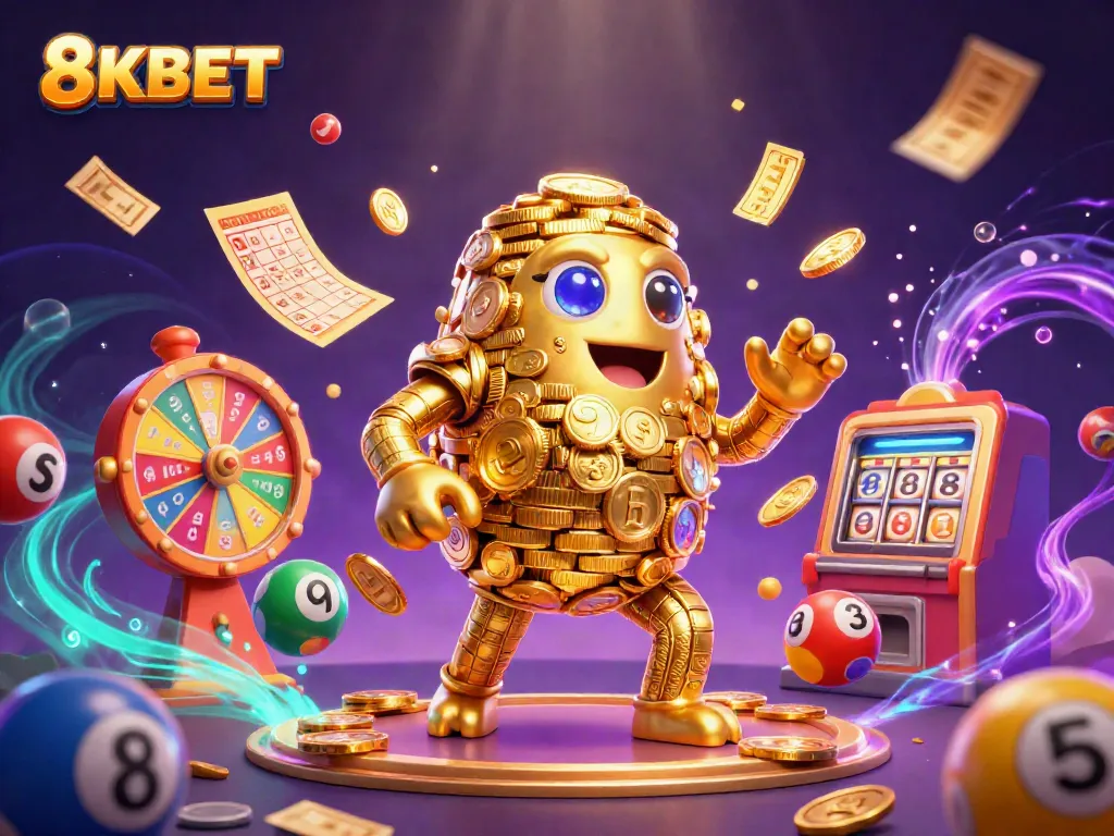 Participate in thrilling games at 8KBET, featuring exciting casino elements, vibrant colors, and engaging characters.