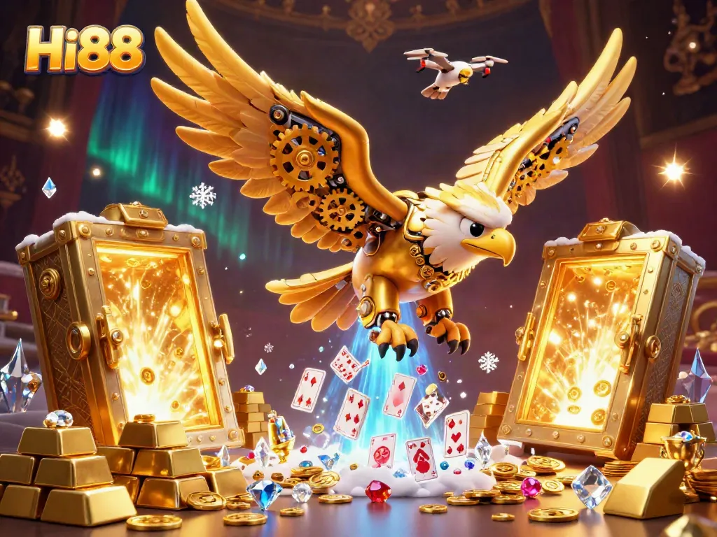 Experience thrilling gameplay with Hi88's dynamic 3D casino artwork depicting a golden eagle in action amidst gold treasures.