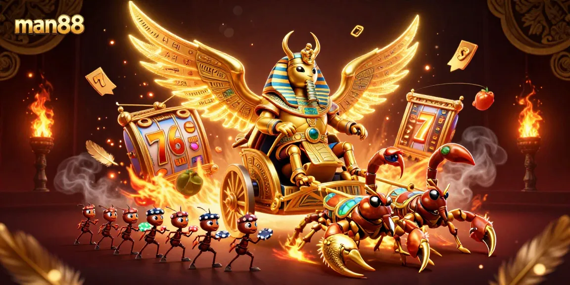 Experience thrilling gameplay with man88's vibrant 3D illustrated scene showcasing immersive slot elements.