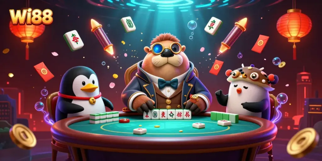 Experience the thrill of WI88's underwater poker game with vibrant characters and festive gaming elements.