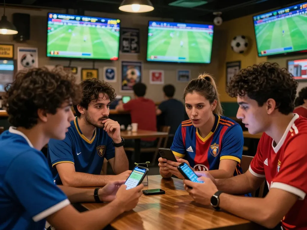Friends discussing soccer picks in a vibrant sports bar with live betting screens, capturing the excitement of wagering.