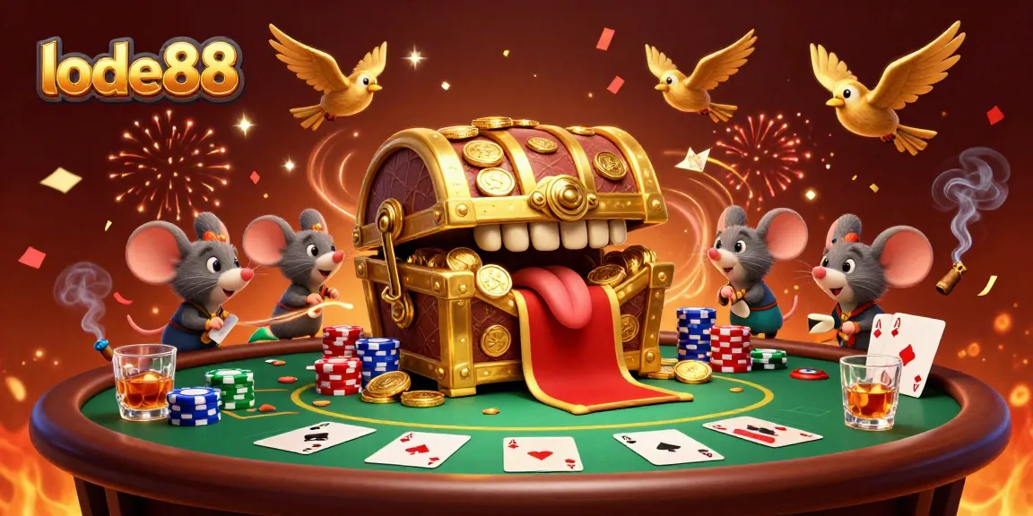 Join the action at lode88 and win big with online poker games in a vibrant casino illustration.