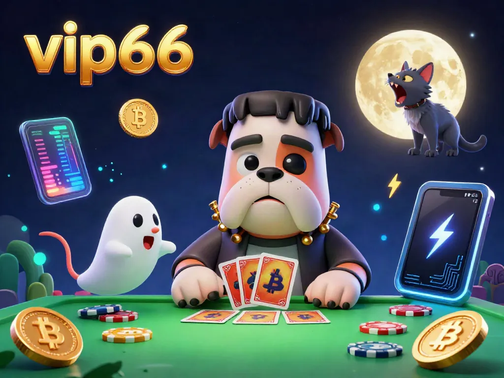Experience thrilling casino moments with vip66, featuring a Frankenstein bulldog monster dealing cards amidst floating crypto coins.