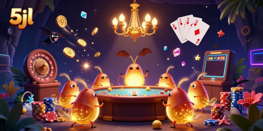 Experience the thrill of gambling at 5jl with a vibrant 3D casino scene filled with glowworms, coins, and illuminated games.