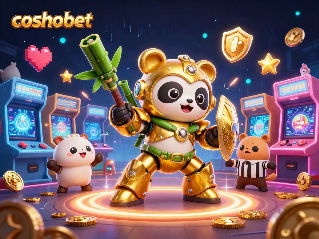 Play exciting games at cosmobet with a golden panda in a mech suit surrounded by vibrant casino elements.