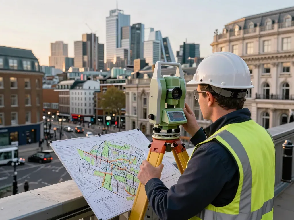 Topographical Survey London featuring a professional surveyor measuring land contours amidst urban architecture and a vibrant city backdrop.