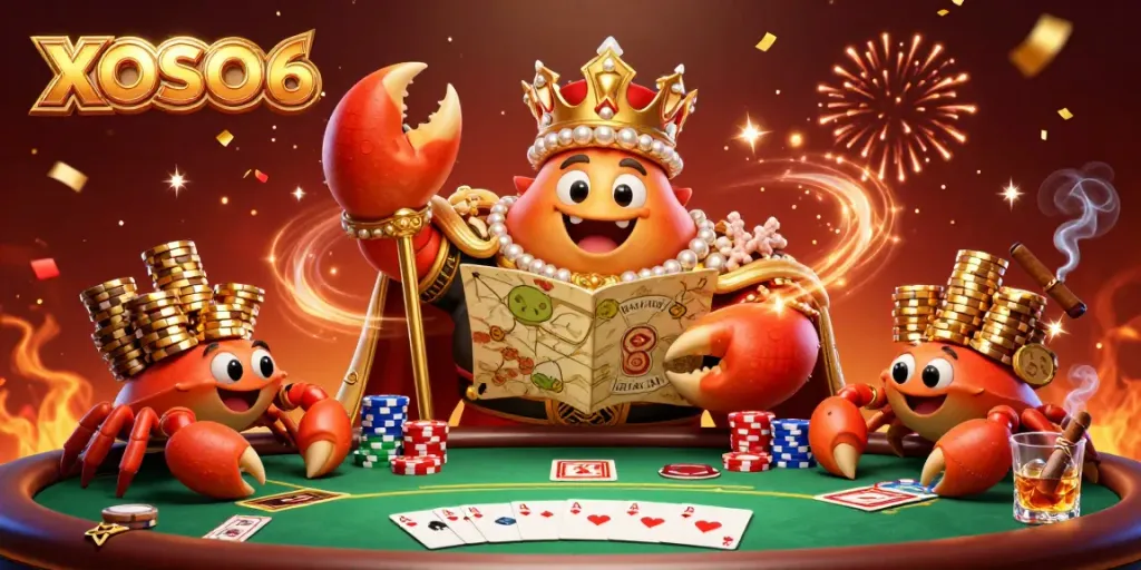 XOSO66 showcases a vibrant scene of a golden crab emperor amidst a lively casino setting filled with poker chips and confetti.
