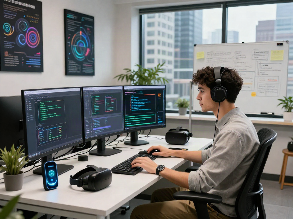 AI developer optimizing machine learning models in a modern tech workspace, showcasing juicy ai innovation.
