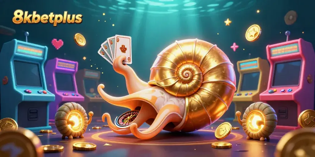 8xbetplus casino scene featuring a giant nautilus roulette wheel and glowing ammonite fossils.