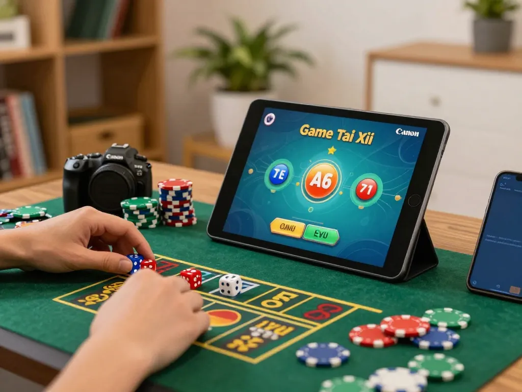 Play Game Tài Xỉu on a tablet in a comfortable home setting, showcasing dice and betting chips.