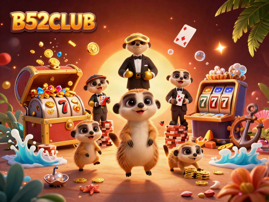 B52CLUB's lively casino scene featuring meerkats operating slots, surrounded by treasure and fun elements.