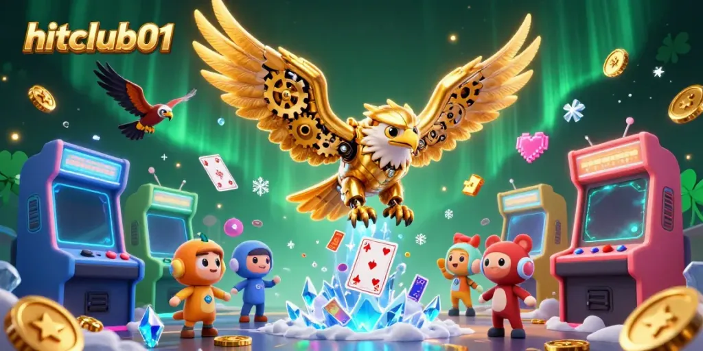 Engage with hitclub01's dynamic online casino scene featuring a cybernetic eagle and vibrant gaming elements.