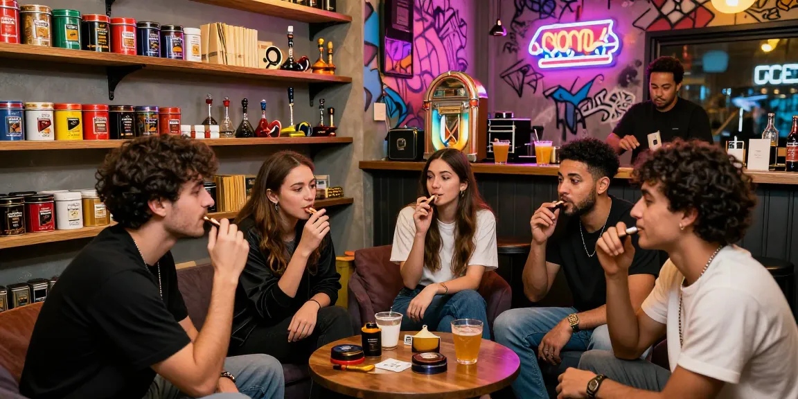 Friends enjoying rokok88 tobacco flavors at a trendy smoke shop lounge.