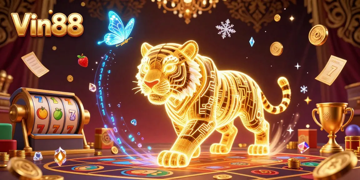 Experience the thrill of Vin88 with a vibrant casino scene featuring neon elements and rich game symbols.