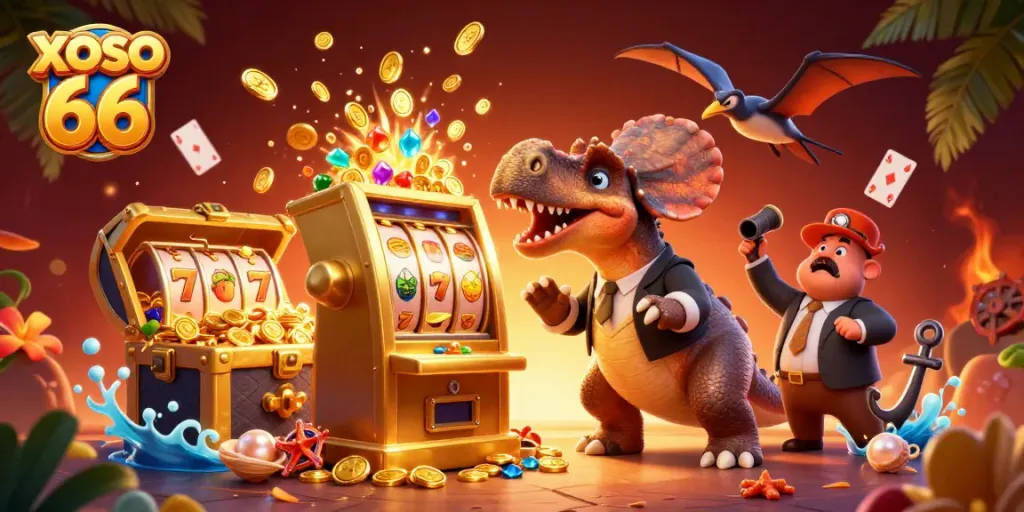 XOSO 66 shows a vibrant scene with dinosaurs and a jackpot slot machine celebrating winnings.