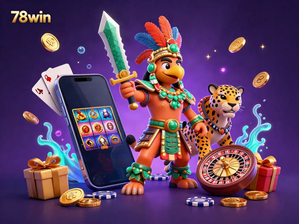 Experience thrilling gameplay with 78win featuring Aztec warriors and vibrant slot game elements.