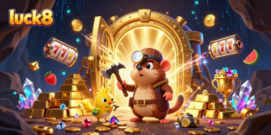 Experience luck8 treasures with a 3D cartoon mole and canary amidst slot reels and gold gems.