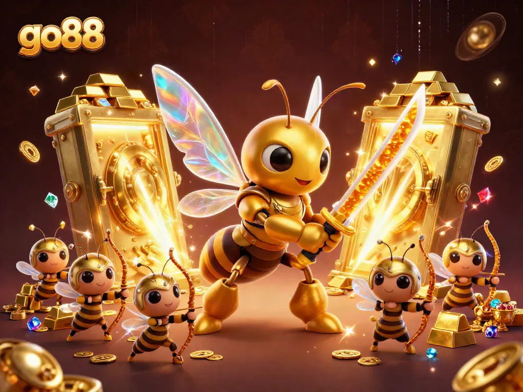 Engage with go88's thrilling casino games illuminated by a vibrant golden hornet scene.