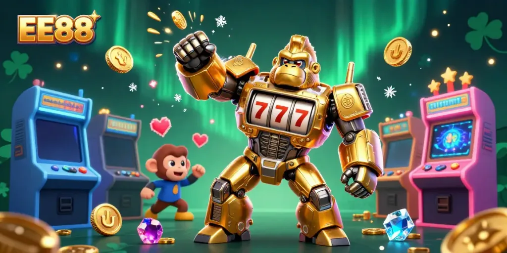 Engage with the exciting world of EE88 as the golden gorilla mech showcases thrilling slot action.