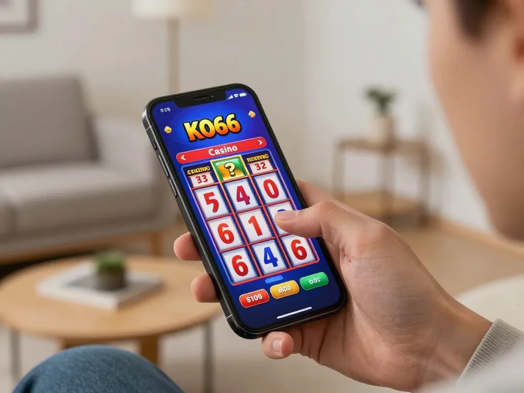 Playing KO66 slots on a smartphone in a cozy home setting, highlighting mobile gaming excitement