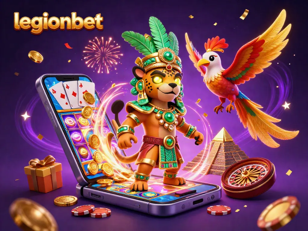 Play exciting games at legionbet with a vibrant Mayan casino illustration showcasing slots and fun.