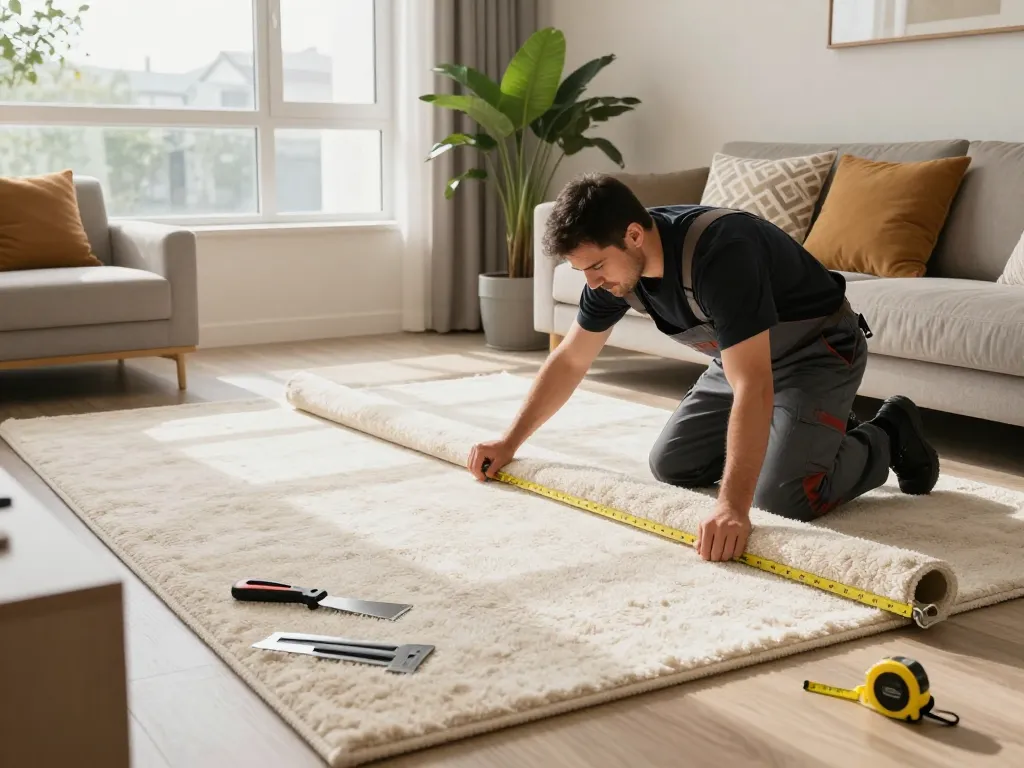 Professional carpet fitters near me installing plush carpet in a modern living room.