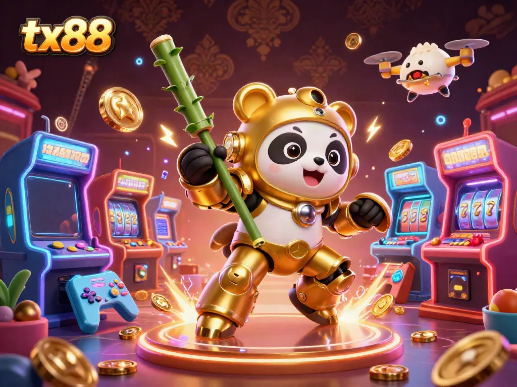 Experience the excitement of tx88 with a golden panda in a mech suit battling in a vibrant casino arena, surrounded by games.