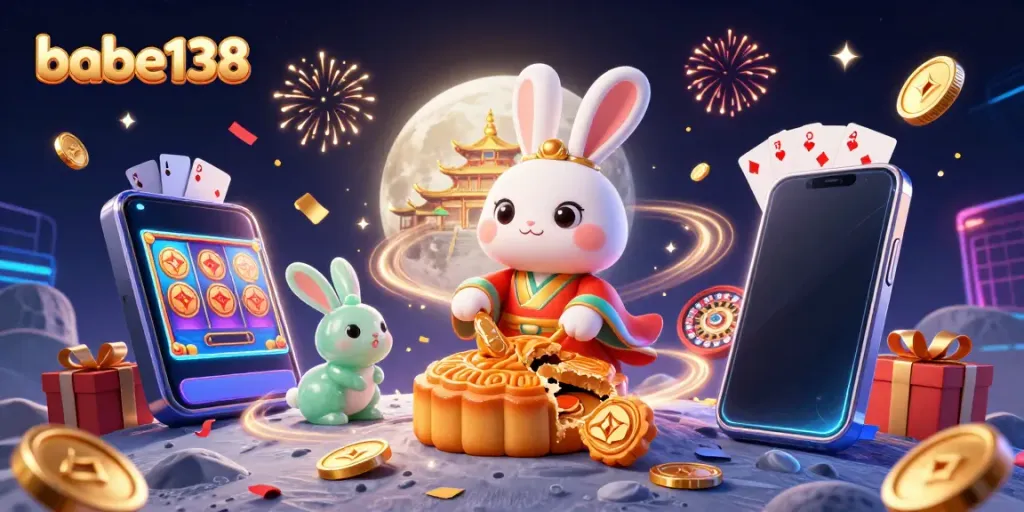 Ilustrasi 3D dengan karakter kelinci bulan dan elemen kasino, menggambarkan babe138.