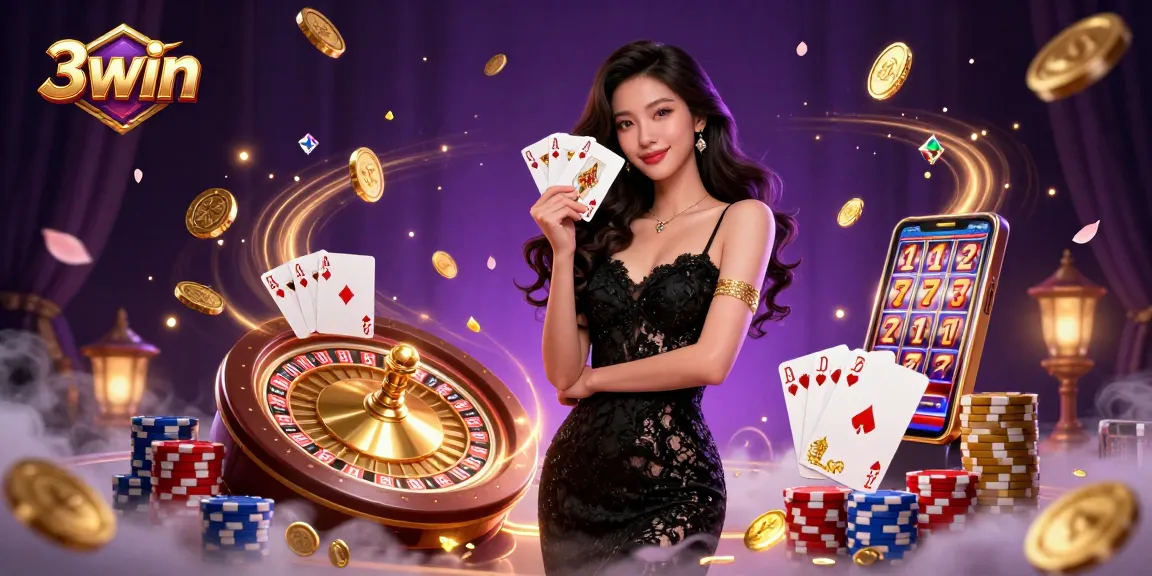 Experience the thrill of winning with 3win in this vibrant casino-themed illustration featuring a glamorous scene.