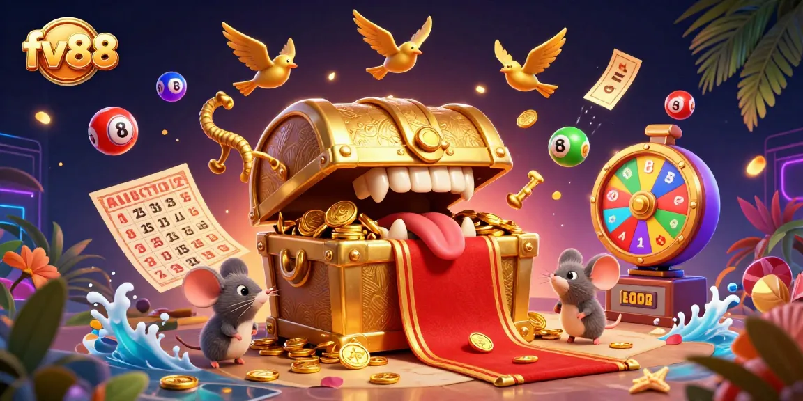 Experience the thrill of winning with fv88 in this dynamic casino-themed illustration filled with colorful elements.