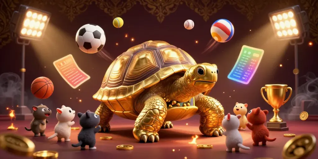 Excited players enjoying dynamic slot games at a colossal tortoise-themed pinball machine in a vibrant casino atmosphere.