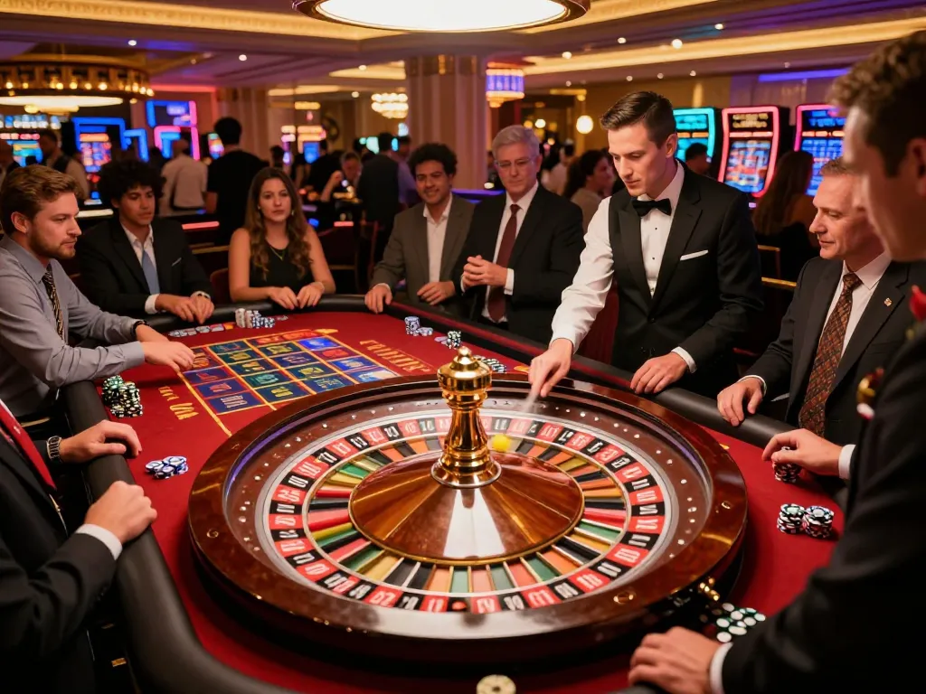 Players eagerly placing bets at ALO8's roulette table with vibrant casino decor