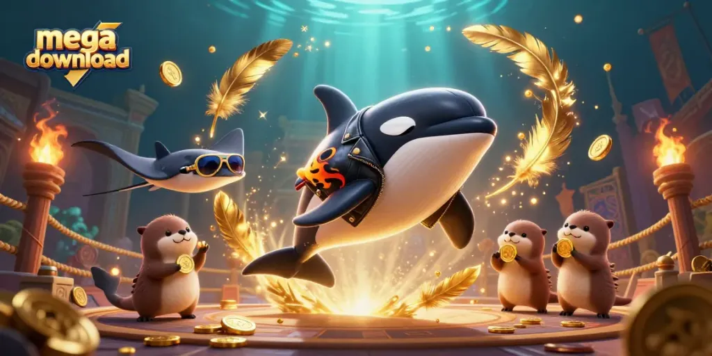 Experience thrilling mega download action with animated sea creatures and coins while playing casino games.