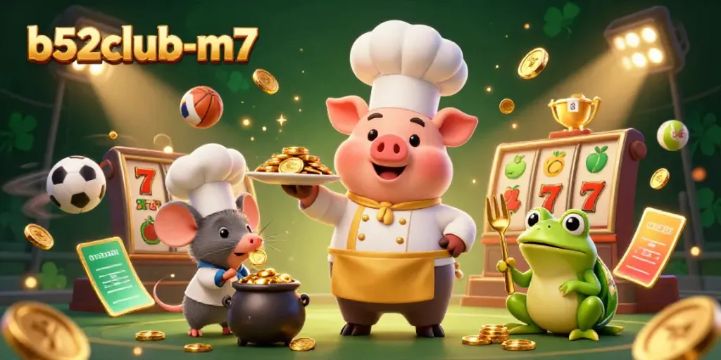 Engage with the vibrant b52club-m7 casino world, featuring gourmet gold coins and lively characters.