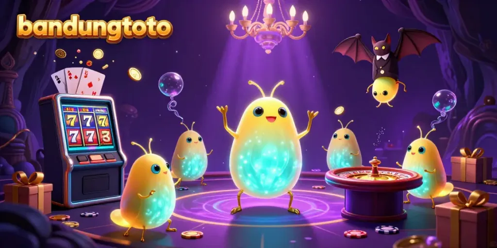 Engage in exciting gameplay at bandungtoto with a colorful casino scene featuring glowworms and vivid slot games.