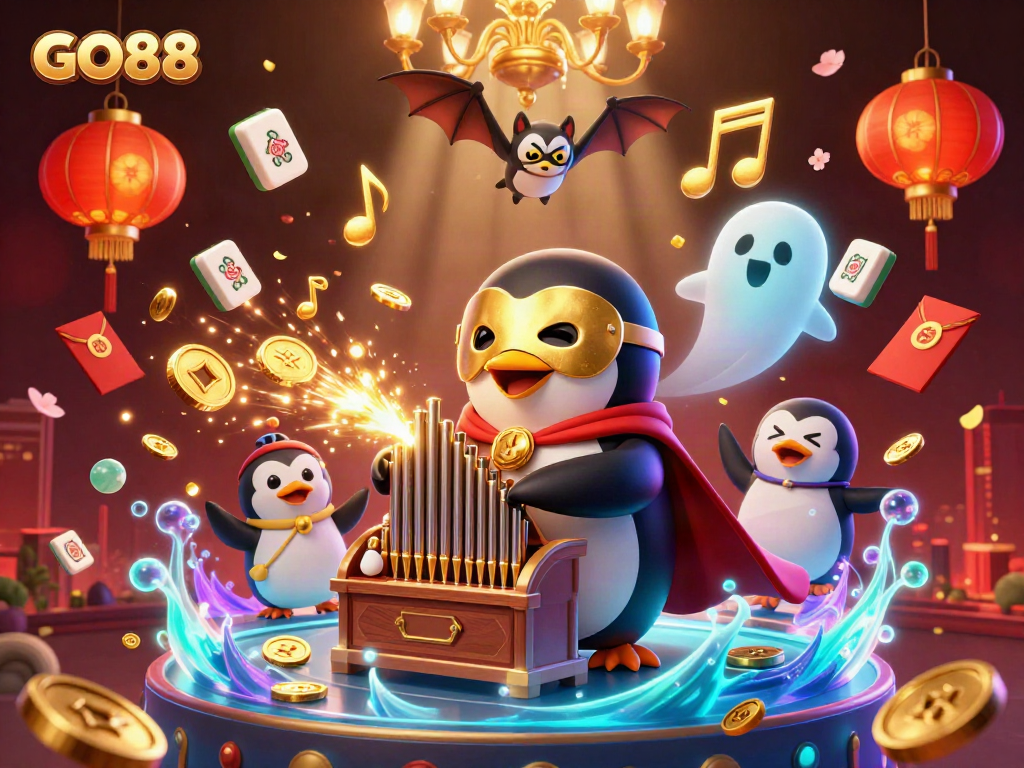 Experience thrilling gameplay with GO88 featuring a penguin in magical casino decor.