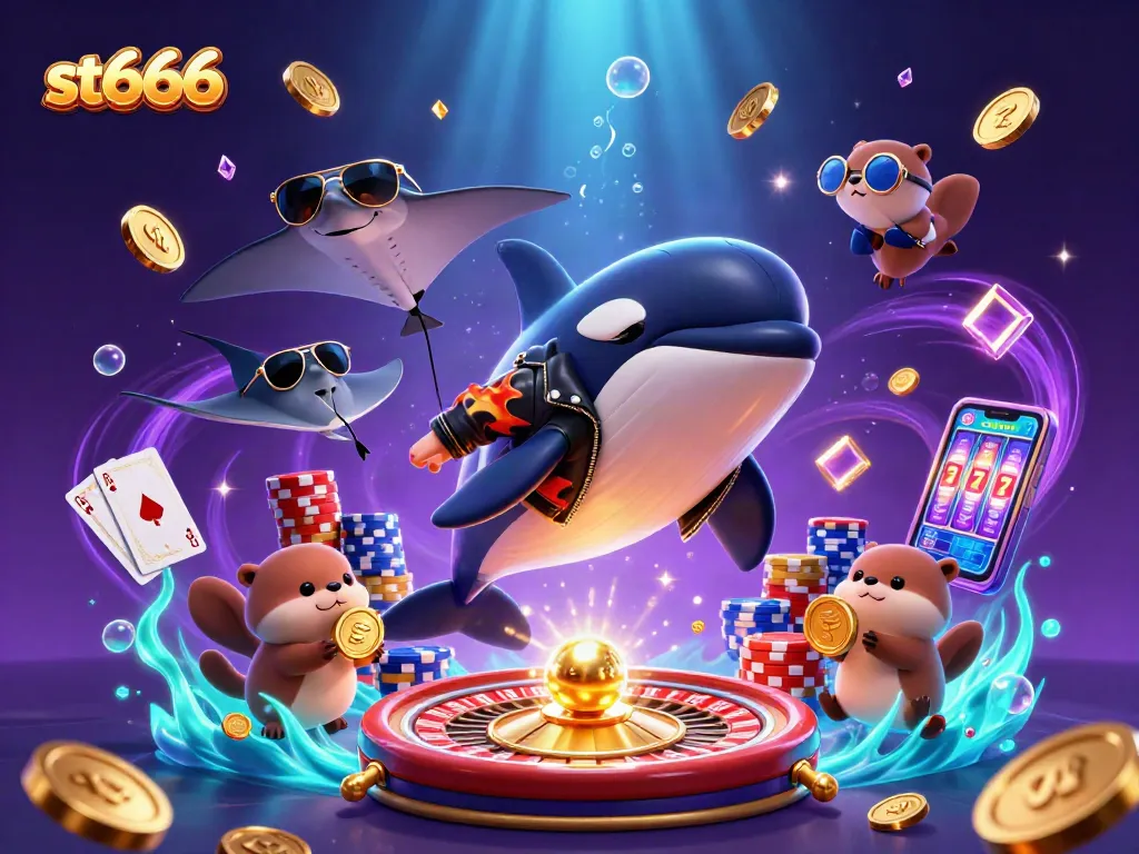 Experience thrilling gameplay with st666's orca in a biker jacket alongside gold-coin otters.