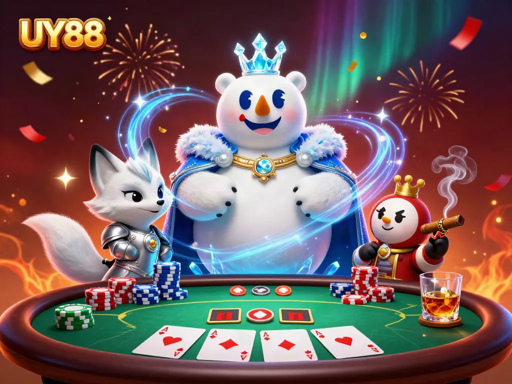 Experience the excitement of UY88 with this vibrant 3D casino scene packed with poker action.