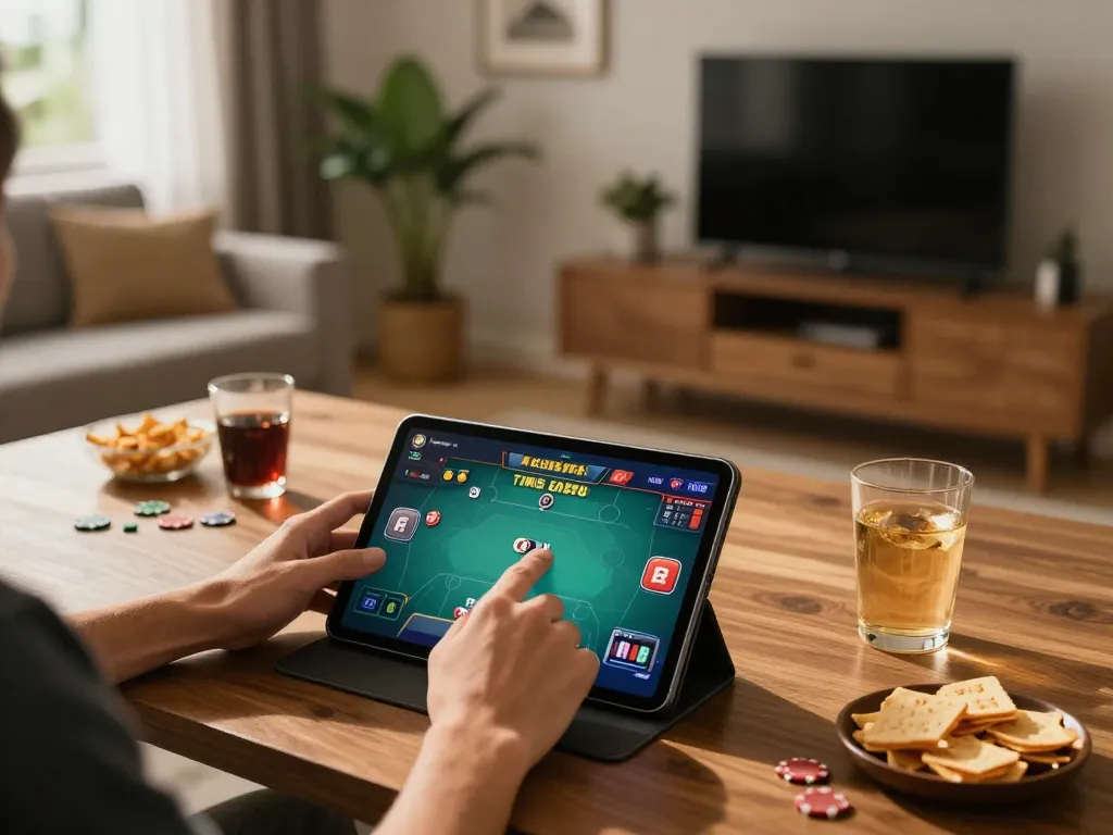 Player engages with online casino gaming on EE88 in a cozy home setting, showcasing modern technology