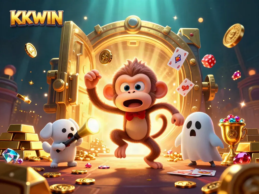 Experience KKWIN magic as a mischievous poltergeist monkey juggles golden treasures in a haunted casino.