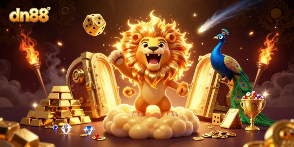Experience the excitement of dn88 with vibrant cartoon elements and dynamic casino symbols.